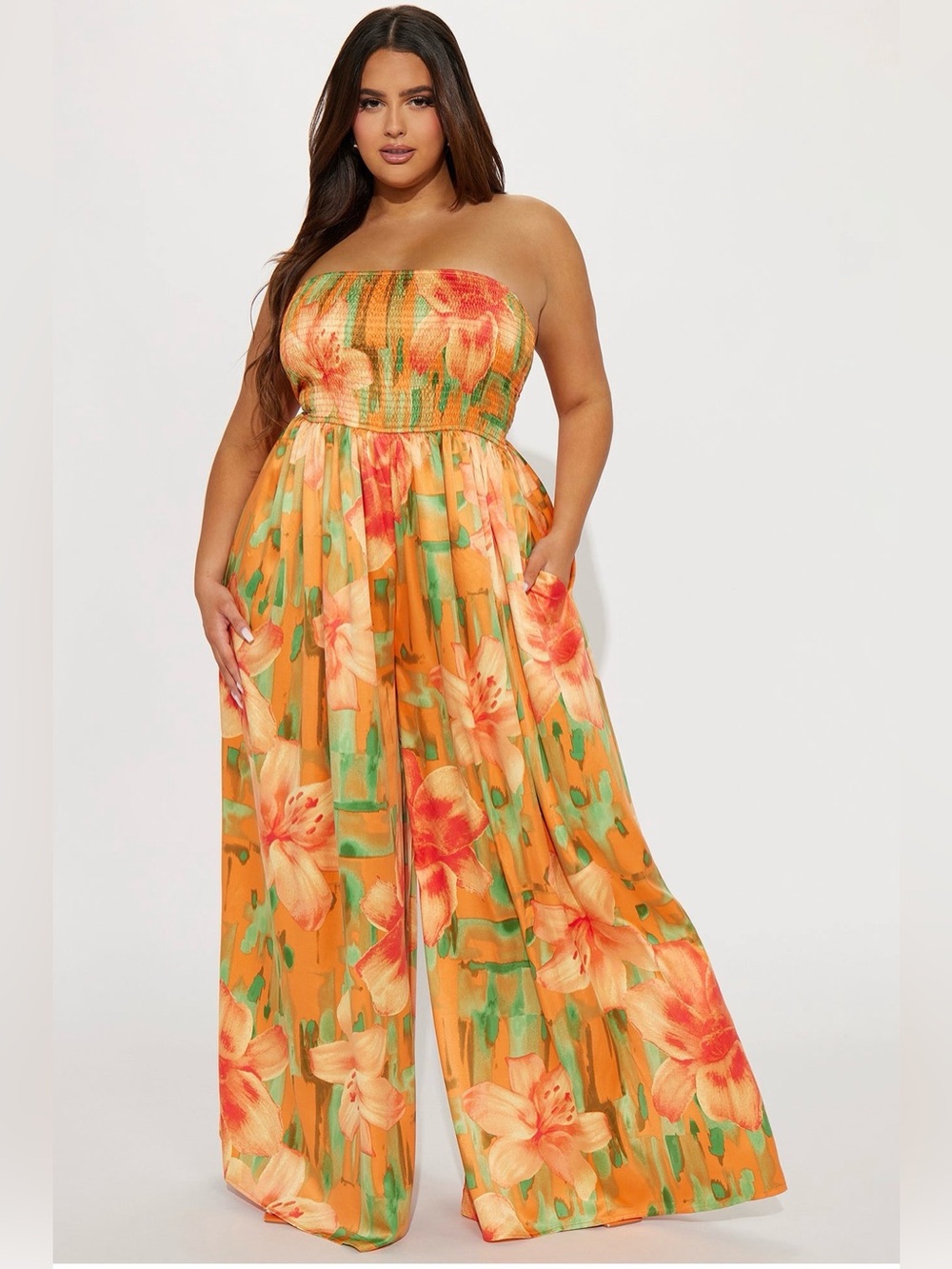 Strapless Floral Jumpsuit in Orange and Coral